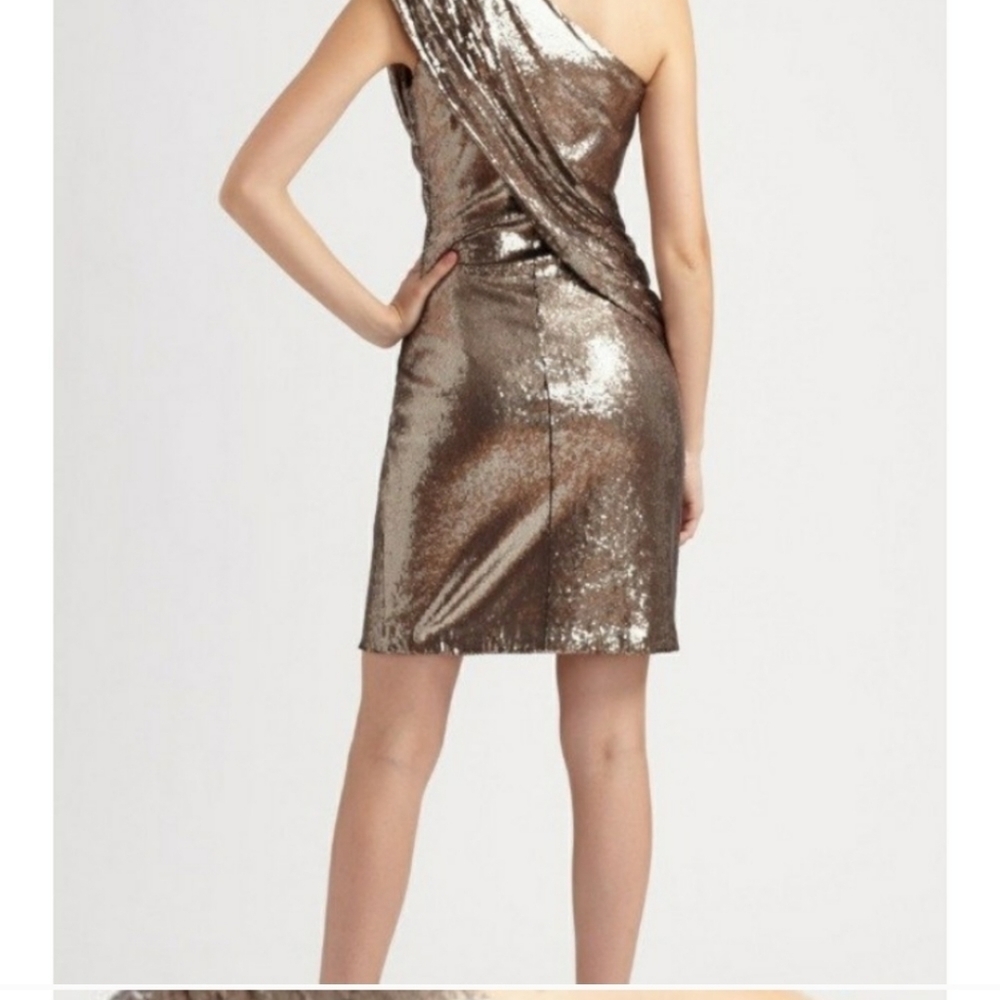 Tadashi Shoji Timeless Gold Metallic One Shoulder Dress Designer Red Carpet - Picture 3 of 14